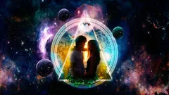 星座の輪に囲まれた宇宙空間で向き合う恋人のシルエット