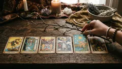 木のテーブルに並ぶ6枚のタロットカードを、手が指さして選んでいる