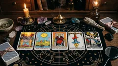 ろうそくの灯る机に5枚のタロットカードが並ぶ占いの場面