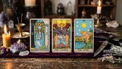 机上に並ぶタロット3枚（女教皇・恋人・星）とろうそく