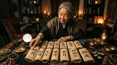 灯りの下で誕生月の巻物を並べる年配の女性